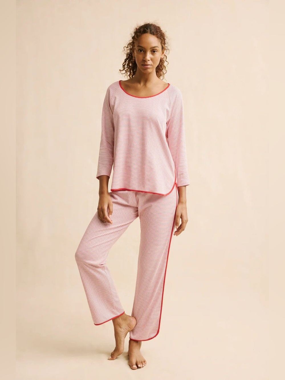 LAKE Pima Long-Long Pajama Set Classic Red Stripe Size Medium